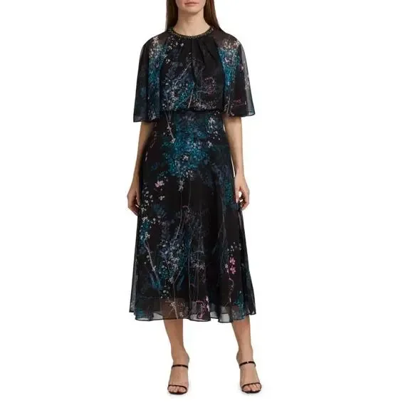 Teri Jon Rickie Freeman Chiffon Capelet Black Floral Cocktail Midi Dress 8